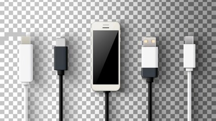 A creative vector illustration featuring cellphone USB charging plugs and cables, isolated on a transparent background. This art design showcases universal recharger accessories, including Type-C - obrazy, fototapety, plakaty