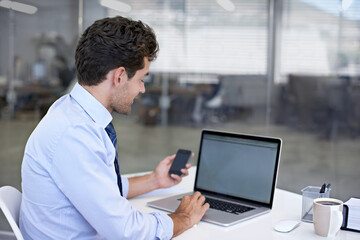 Fototapeta premium Businessman, laptop and screen with office, smartphone and technology for communication. Accountant, startup and company with computer, phone and employee for online workspace with corporate