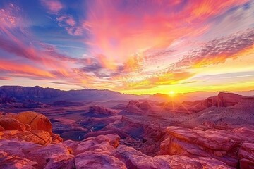 Dramatic red rock canyon landscape under a vibrant sunset sky