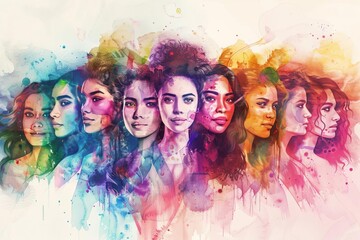 Celebration of international women's day with a group of happy women in watercolor style Symbolizing diversity Empowerment And unity among women worldwide. - obrazy, fototapety, plakaty