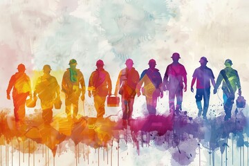 Vibrant depiction of construction workers in watercolor style Illustrating the teamwork and diversity of the workforce in a dynamic urban development project