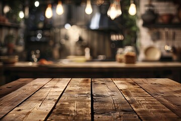 Rustic Charm: Vintage Wooden Table in Ambient Cafe Setting - obrazy, fototapety, plakaty