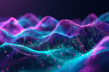Dynamic abstract composition with intertwining neon lines in purple and turquoise Generating a sense of motion and digital connection. - obrazy, fototapety, plakaty