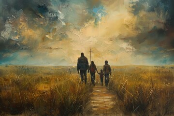 Family's journey of faith depicted in a rear view walking towards a distant cross in an open field Symbolizing guidance and devotion. - obrazy, fototapety, plakaty