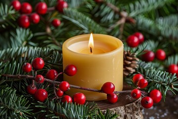Festive candle nestled in a spruce branch adorned with vibrant berries Creating a cozy and inviting holiday atmosphere.