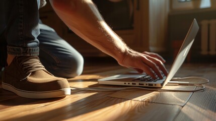 A man's hands are plugging in the power outlet adapter cord charger of a laptop computer on a wooden floor, illuminated by warm sunlight - obrazy, fototapety, plakaty