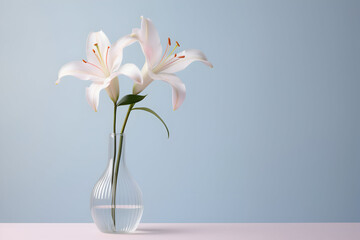 White lily in a vase on a blue and pink background