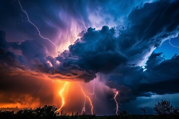 Dramatic weather scene capturing a powerful lightning strike illuminating the night sky Showcasing the raw power and beauty of nature. - obrazy, fototapety, plakaty