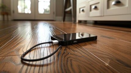 Plugging a smartphone charger cord into a power outlet adapter on a wooden floor
