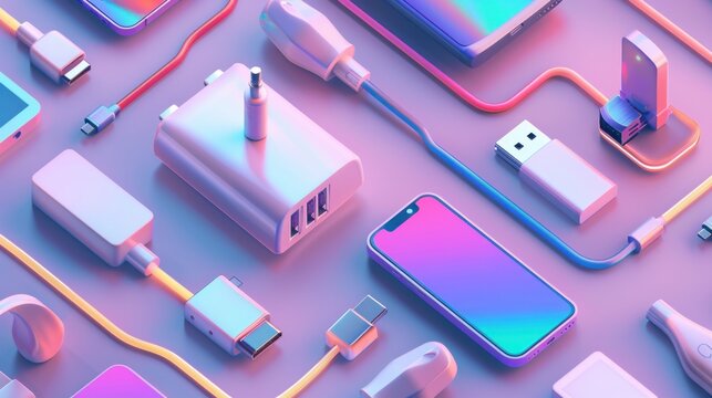 A realistic depiction of a phone charger, featuring a 3D USB cable, electric plugs, and auto adaptors for charging devices. Vector illustration showcases digital equipment for recharging accumulators