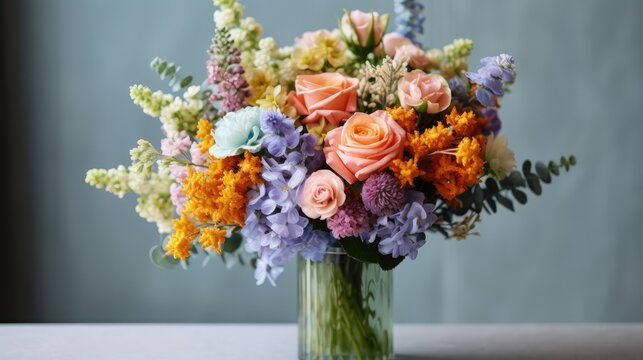 bouquet of fresh flowers with beautiful colors in vase. Banner or background image with beautiful color and flower details