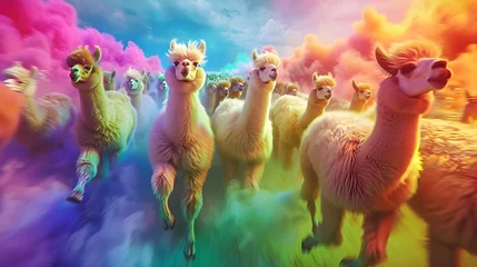 Foto auf Leinwand Playful Fun Rainbow Colorful Llama Stampede In The Clouds From The Skies (Generative AI) © Dee