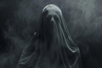 Digitally rendered ghostly apparition Creating an atmosphere of mystery and suspense. ethereal figure shrouded in mist Barely visible against a dark Foreboding backdrop - obrazy, fototapety, plakaty
