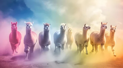 Selbstklebende Fototapeten Playful Fun Rainbow Colorful Llama Stampede In The Clouds From The Skies (Generative AI) © Dee
