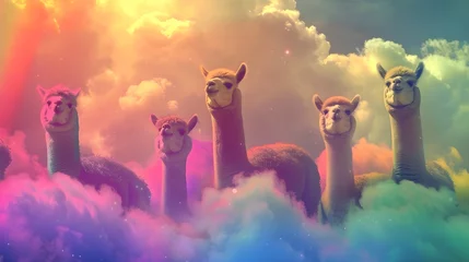 Fotobehang Playful Fun Rainbow Colorful Llama Stampede In The Clouds From The Skies (Generative AI) © Dee