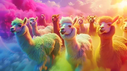 Photo sur Plexiglas Lama Playful Fun Rainbow Colorful Llama Stampede In The Clouds From The Skies (Generative AI)