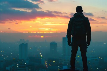 Silhouette of a determined entrepreneur overlooking a city at dawn Symbolizing ambition and the...