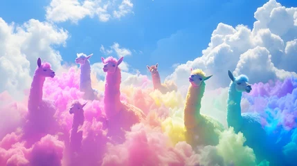 Fotobehang Playful Fun Rainbow Colorful Llama Stampede In The Clouds From The Skies (Generative AI) © Dee