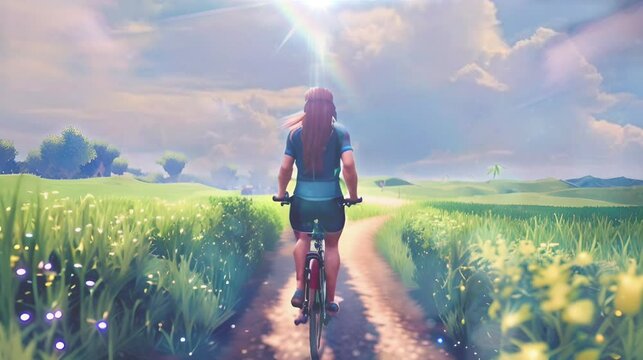 This animation depicts a woman cycling, Sunlight filters through the trees, casting enchanting shadows on the bike path Seamless looping time-lapse animation video background  Generated AI