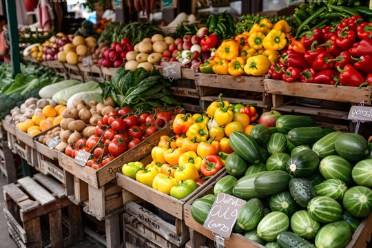 Colorful Farmer's Market Stall - Fresh Fruits and Vegetables Stock Photo