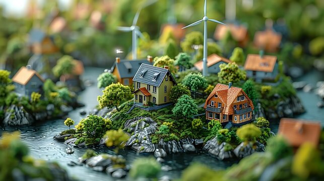 Wind turbines and cottages on a green island, in the style of diorama, photo-realistic compositions, Ai image generative