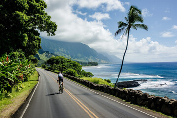 A cyclist pedals on a quiet road in Hawaii beside the ocean, with mountains and palm trees in the background.