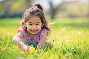 A joyful young girl with a bright top and a ponytail is stretching her hand towards a colorful Easter egg nestled in the fresh green grass on a sunny spring day in Hawaii