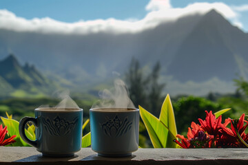 Two cups of coffee steam against a backdrop of Hawaiis mountainous landscape and vibrant flora.