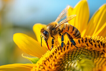 Bee Pollinating Sunflower - Nature Close-Up Stock Photo - obrazy, fototapety, plakaty