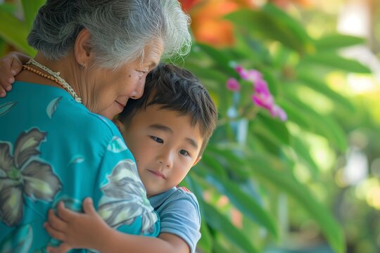 Fototapeta Tender Embrace Between Grandmother and Grandson in a Lush Garden in Hawaii 