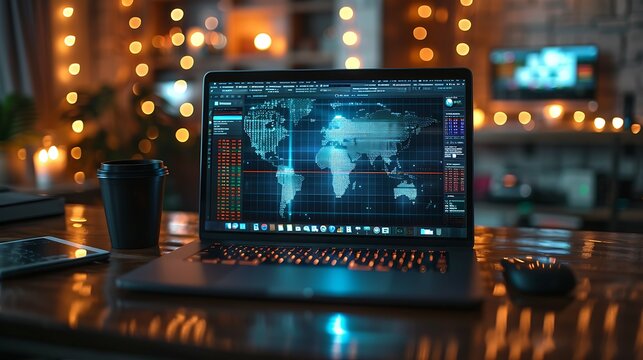 Laptop close up photo, with blue pop up hologram trading world, office background Ai image generative