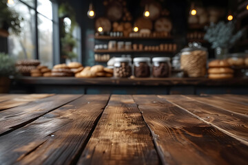 Empty wooden table top in focus, blurred bakery background. Blank desk for advertising product