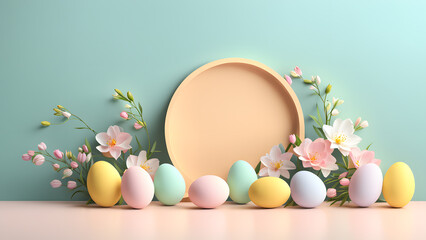 3D Beauty Easter Day Pastel Background Exhibiting Floral Arrangement Around Flowers, Leaves, and Eggs. Illustrating a Unique Composition for a Simple Modern Minimalist Banner Concept.