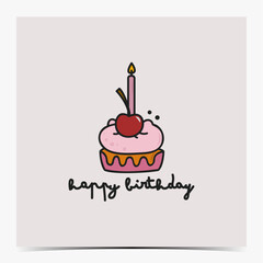 Cute birthday greeting card, poster, template, label with pink cupcake and candle