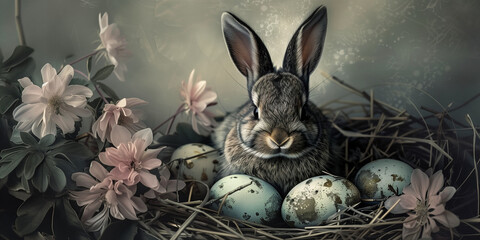 Fototapeta na wymiar Easter bunny and eggs moody artistic Easter card