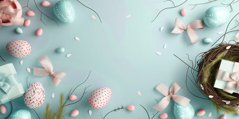 Easter poster and banner template with Easter eggs in the nest on light blue background with copy space