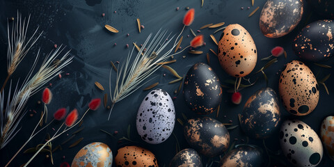 Easter eggs on dark background, moody Easter card, copy space
