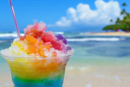 Colorful Rainbow Shave Ice Against a Tropical Beach Backdrop on a Sunny Day