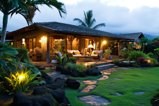 Fototapeta A Hawaiian bungalow, lanai, and yard  illuminated at dusk, with tropical landscaping.