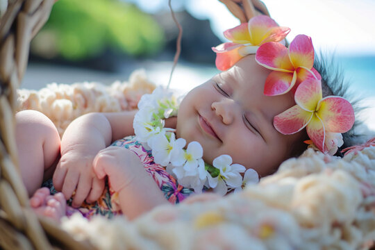 A peaceful baby sleeps in a basket with a lei and plumeria flowers against a blurred coastal background.