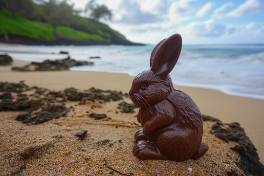A chocolate bunny is perched on a golden sand beach against the scenic backdrop of gentle ocean waves and a cloudy sky as dusk falls, highlighting a contrast between the candy and natural elements. - Powered by Adobe