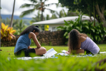 Two female high school students sitting on the grass, immersed in their books while studying in a backyard in Hawaii..