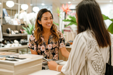 A woman is standing at a counter in an upscale boutique, engaged in conversation with another woman who appears to be an employee. 