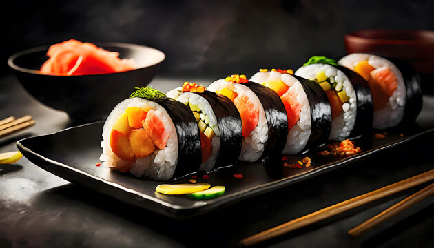 Futomaki, sushi, rolls, essen, neu, bunt, close up, alge, viele, deli, sushis, hintergrund, gourmet, schwarz, asien, japanisch, foodie, lecker, feinschmecker, modern, schiefertafel, makro, photo, 