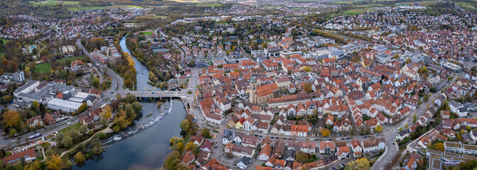 Aerial view of the city Nurtingen in Germany on a sunny day in fall