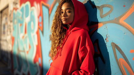 Stylish Woman in Red Hoodie Posing by Graffiti Wall