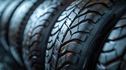 A series of high-performance car tires aligned on a dark, textured surface, showcasing modern...