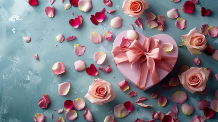 A heart-shaped gift box with a bow, nestled among a bed of soft pink and red rose petals, symbolizing romance and love.