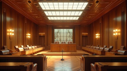 The grandeur of law is captured in this image of an empty courtroom with sunlight filtering through the windows, highlighting the rich wooden interior.