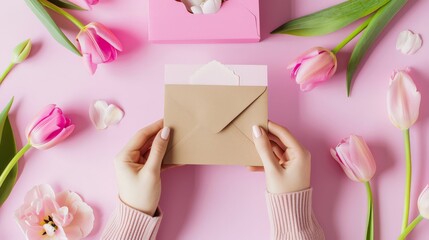 A person's hands delicately hold a brown envelope, surrounded by vibrant tulips, gifts, and pink background.